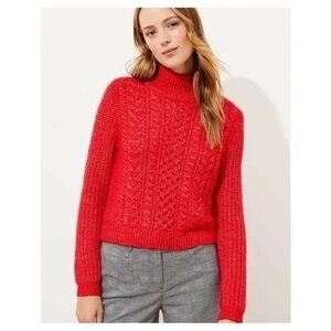 Loft Cropped Turtleneck Cable Knit Wool Blend Cozy Sweater Crimson Fire Red Lg